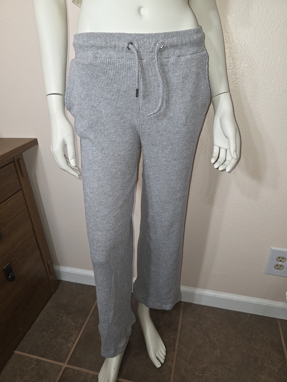 Bershka Light Gray Ribbed Drawstring Knit Pants